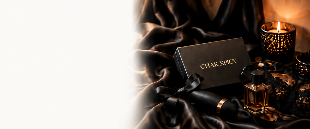 Composición de satén negro, caja de regalo y vela dorada de Chak Xpicy